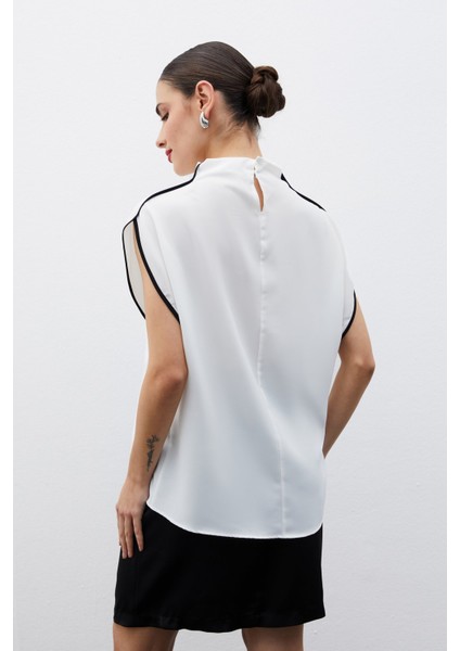 Boğazlı Kontrast Bluz - Ekru indirimleri