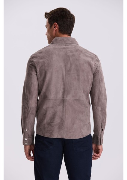 Koyu Gri Comfort Fit Gömlek Yaka Çıtçıtlı %100 Deri Süet Mont fırsatları