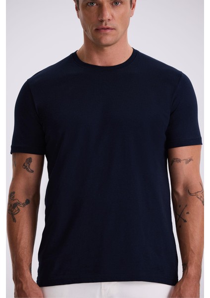 Lacivert %100 Pamuk Slim Fit Bisiklet Yaka Basic T-Shirt modelleri