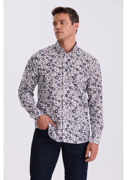 Koyu Lacivert Çiçek Desenli Yaka Düğmeli Comfort Fit Gömlek