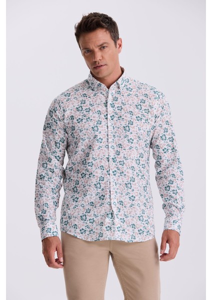 Yeşil Çiçek Desenli Yaka Düğmeli Comfort Fit Gömlek