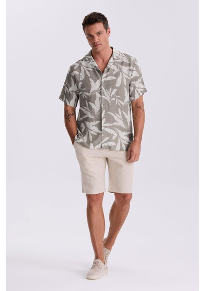 Vizon Klasik Fit Apaş Yaka Desenli Rahat Kalıp Keten Karışımlı Kısa Kollu Gömlek fiyatları