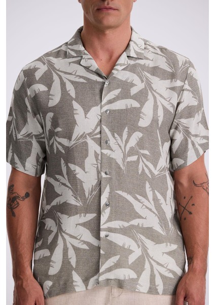 Vizon Klasik Fit Apaş Yaka Desenli Rahat Kalıp Keten Karışımlı Kısa Kollu Gömlek modelleri