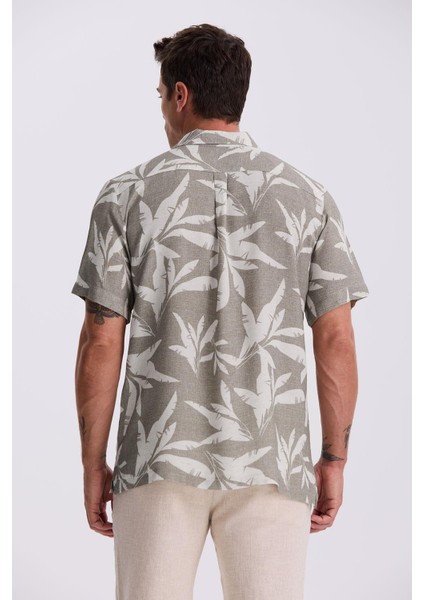 Vizon Klasik Fit Apaş Yaka Desenli Rahat Kalıp Keten Karışımlı Kısa Kollu Gömlek fırsatları