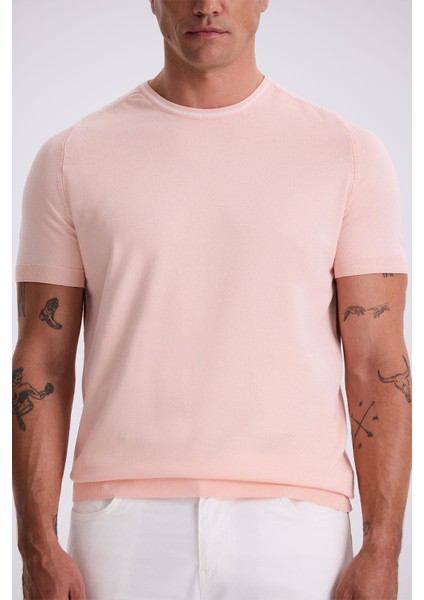 Pembe Slim Fit Triko Bisiklet Yaka T-Shirt