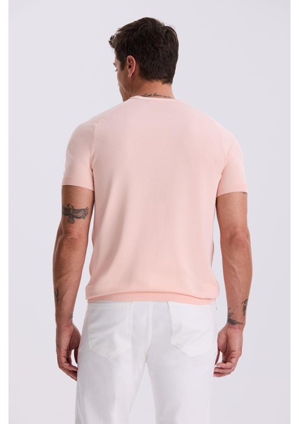 Pembe Slim Fit Triko Bisiklet Yaka T-Shirt