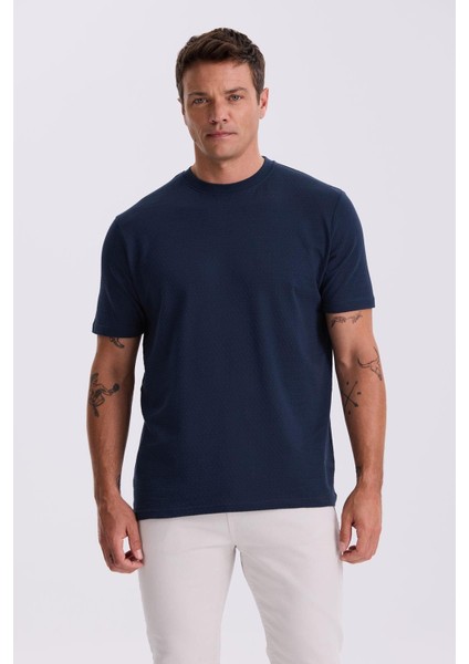 Lacivert %100 Pamuk Desenli Bisiklet Yaka T-Shirt