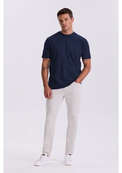 Lacivert %100 Pamuk Desenli Bisiklet Yaka T-Shirt