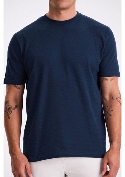 Lacivert %100 Pamuk Desenli Bisiklet Yaka T-Shirt