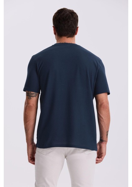 Lacivert %100 Pamuk Desenli Bisiklet Yaka T-Shirt
