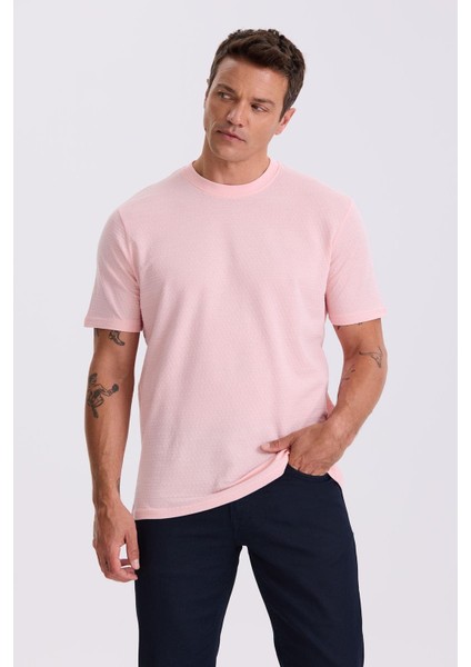Pembe %100 Pamuk Desenli Bisiklet Yaka T-Shirt
