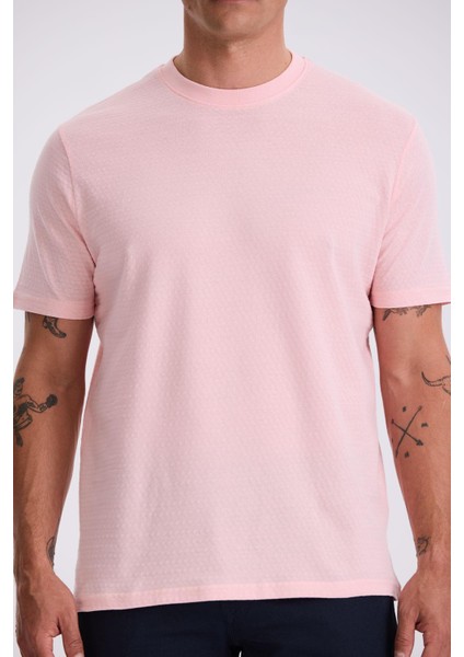 Pembe %100 Pamuk Desenli Bisiklet Yaka T-Shirt
