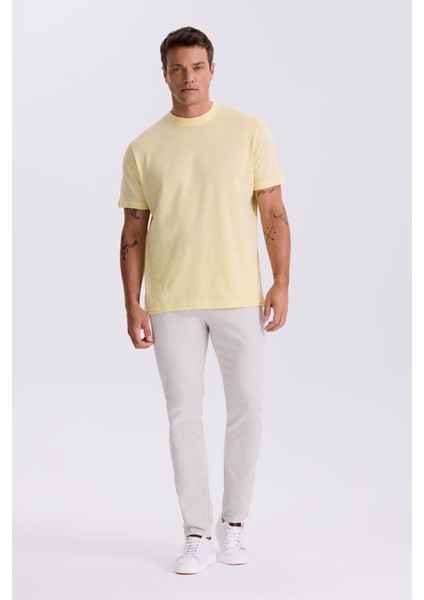 Sarı %100 Pamuk Desenli Bisiklet Yaka T-Shirt