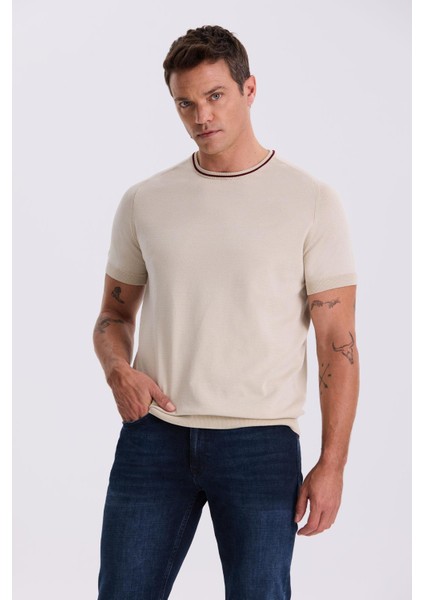 Bej Slim Fit Triko Bisiklet Yaka T-Shirt