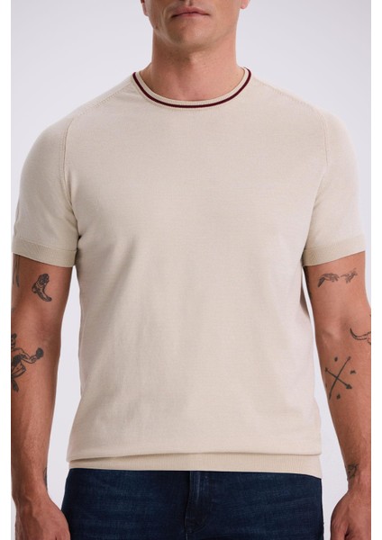 Bej Slim Fit Triko Bisiklet Yaka T-Shirt