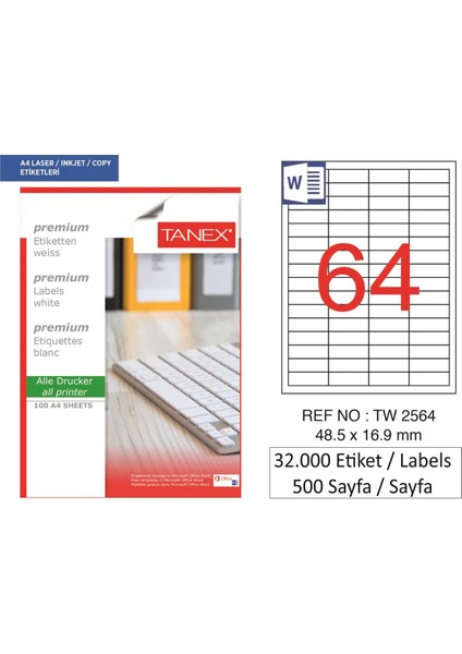 Lazer Etiket TW-2564 500 A4 Sayfa Laser Etiket 48.5 x 16.9 mm Boyutunda 1 A4 Sayfada 64 Etiket