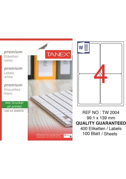 Lazer Etiket TW-2004 100 A4 Sayfa Laser Etiket 99,1 x 139 mm Boyutunda 1 A4 Sayfada 4 Etiket