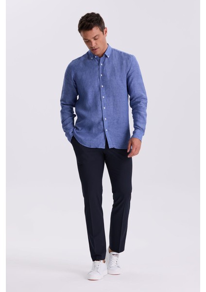 Saks %100 Keten Düğmeli Yaka Comfort Fit Gömlek