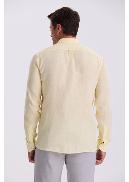 Sarı %100 Keten Düğmeli Yaka Comfort Fit Gömlek fırsatları