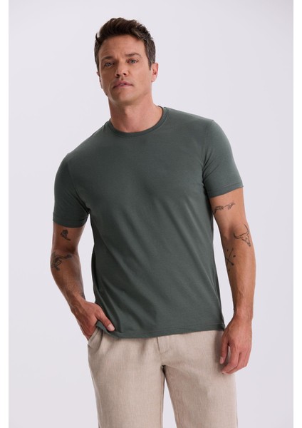 Haki %100 Pamuk Slim Fit Bisiklet Yaka Basic T-Shirt