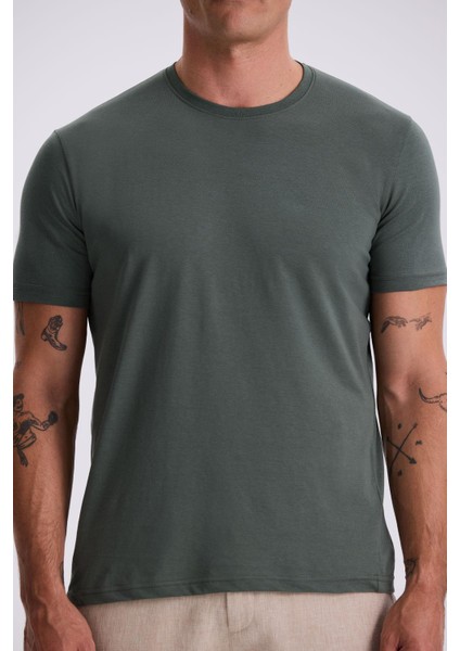 Haki %100 Pamuk Slim Fit Bisiklet Yaka Basic T-Shirt