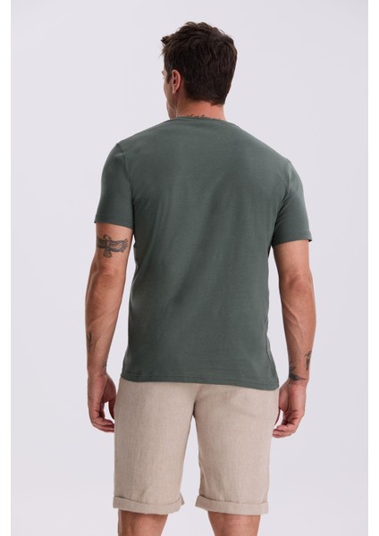 Haki %100 Pamuk Slim Fit Bisiklet Yaka Basic T-Shirt
