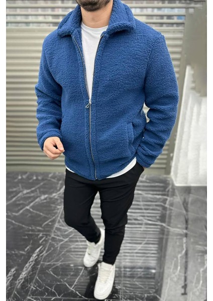 Slimfit Kesim Fermuarlı Kapüşonlu Içi Astarlı Peluş Swetshirt-Saks