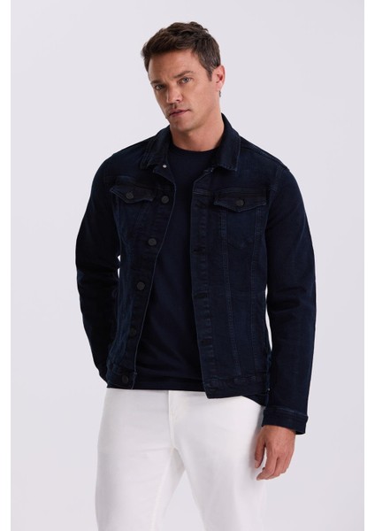 Lacivert Slim Fit Bebe Yaka Pamuklu Cepli Denim Kot Ceket