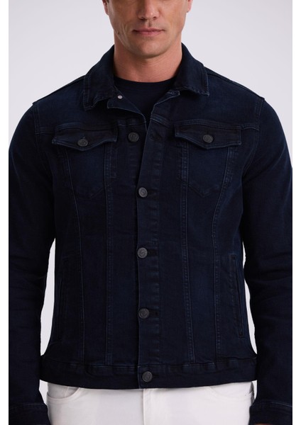 Lacivert Slim Fit Bebe Yaka Pamuklu Cepli Denim Kot Ceket