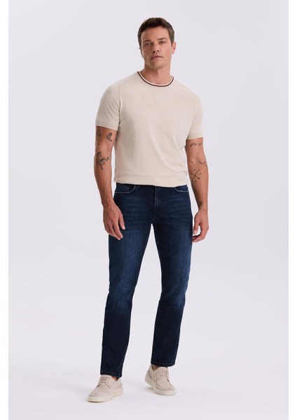 Koyu Lacivert Slim Fit Yıkamalı Dar Kesim Pamuklu Jean Kot Pantolon