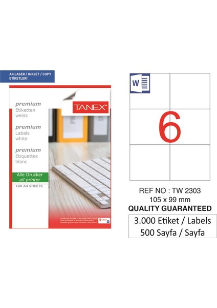Lazer Etiket TW-2303 500 A4 Sayfa Laser Etiket 105 x 99 mm Boyutunda 1 A4 Sayfada 6 Etiket