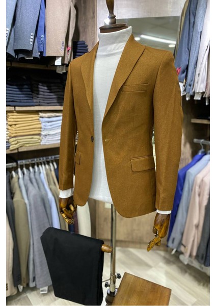 Slimfit Kesim Erkek Düz Desen Tek Ceket-Hardal modelleri
