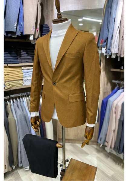 Slimfit Kesim Erkek Düz Desen Tek Ceket-Hardal indirimleri