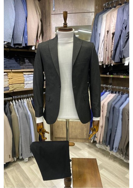 Slimfit Kesim Erkek Düz Desen Tek Ceket-Füme