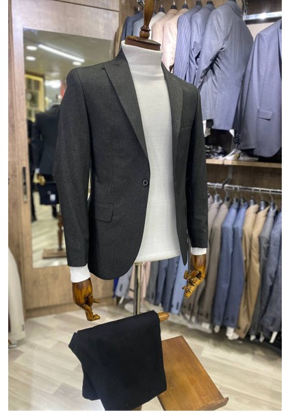 Slimfit Kesim Erkek Düz Desen Tek Ceket-Füme modelleri