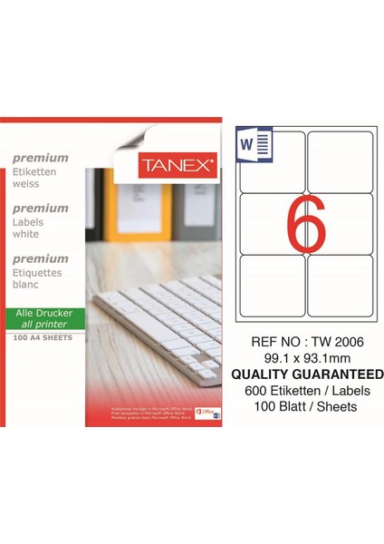 Lazer Etiket TW-2006 100 A4 Sayfa Laser Etiket 99,1 x 93,1 mm Boyutunda 1 A4 Sayfada 6 Etiket
