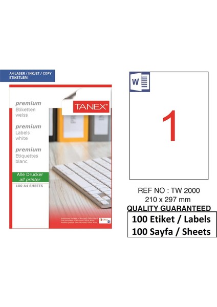 Lazer Etiket TW-2000 500 A4 Sayfa Laser Etiket 210 x 21 297 mm Boyutunda 1 A4 Sayfada 1 Etiket