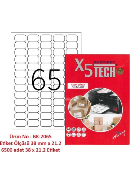Lazer Etiket TW-2065 100 A4 Sayfa Lazer Etiket 38.1 x 21.2 mm Boyutunda 1 A4 Sayfada 65 Etiket