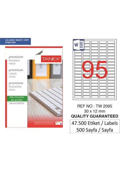 Lazer Etiket TW-2095 500 A4 Sayfa Laser Etiket 30 x 12 mm Boyutunda 1 A4 Sayfada 95 Etiket