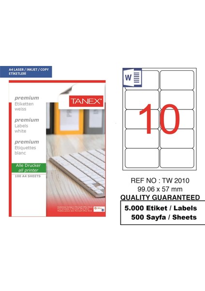 Lazer Etiket TW-2010 500 A4 Sayfa Laser Etiket 99,06 x 57 mm Boyutunda 1 A4 Sayfada 10 Etiket