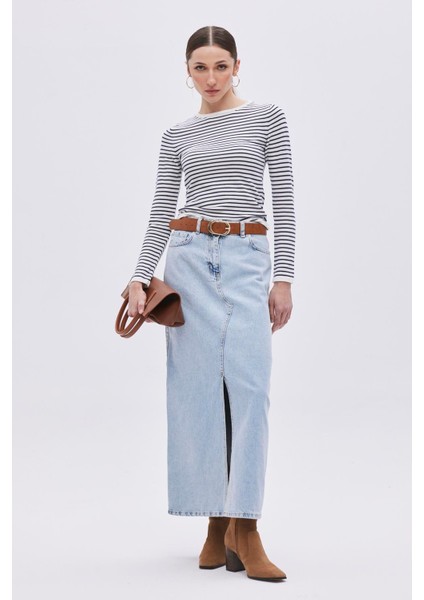 Mavi Önden Yırtmaçlı Kot Etek