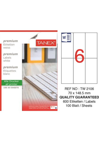 Lazer Etiket TW-2106 100 A4 Sayfa Laser Etiket 70 x 148,5 mm Boyutunda 1 A4 Sayfada 8 Etiket