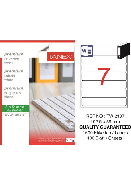 Lazer Etiket TW-2107 100 A4 Sayfa Laser Etiket 192.5 x 39 mm Boyutunda 1 A4 Sayfada 7 Etiket