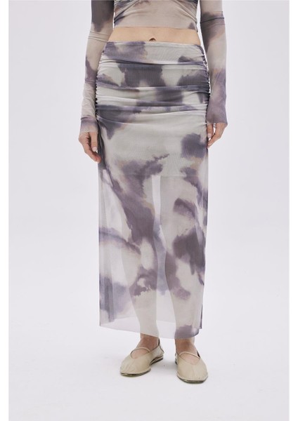 Bej Drape Detaylı Midi Tül Etek