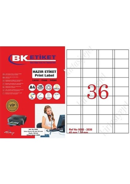 Lazer Etiket TW-2036 100 A4 Sayfa Laser Etiket 45 x 30 mm Boyutunda 1 A4 Sayfada 36 Etiket