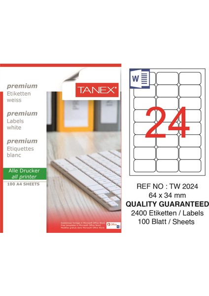 Lazer Etiket TW-2024 100 A4 Sayfa Laser Etiket 64 x 34 mm Boyutunda 1 A4 Sayfada 24 Etiket