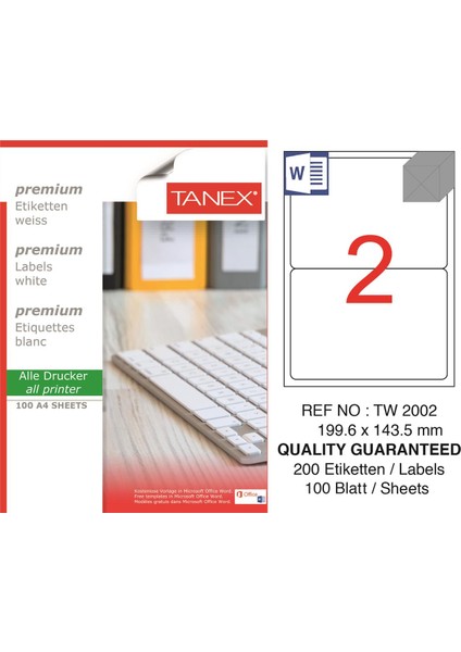 Lazer Etiket TW-2002 100 A4 Sayfa Laser Etiket 199,6 x 143,5 mm mm Boyutunda 1 A4 Sayfada 2 Etiket