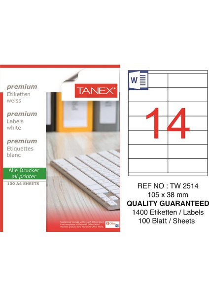 Lazer Etiket TW-2514 100 A4 Sayfa Laser Etiket 105 x 38 mm Boyutunda 1 A4 Sayfada 14 Etiket