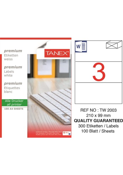 Lazer Etiket TW-2003 100 A4 Sayfa Laser Etiket 210 x 99 mm Boyutunda 1 A4 Sayfada 3 Etiket