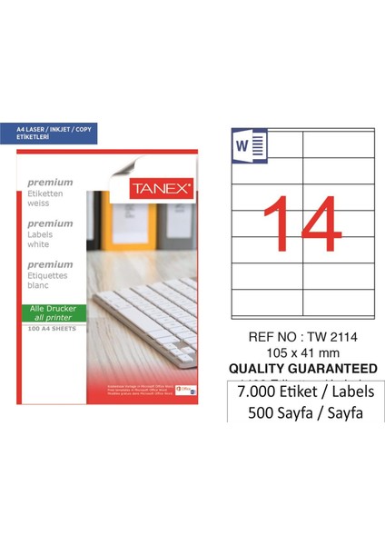Lazer Etiket TW-2114 500 A4 Sayfa Laser Etiket 105 x 41 mm Boyutunda 1 A4 Sayfada 14 Etiket.